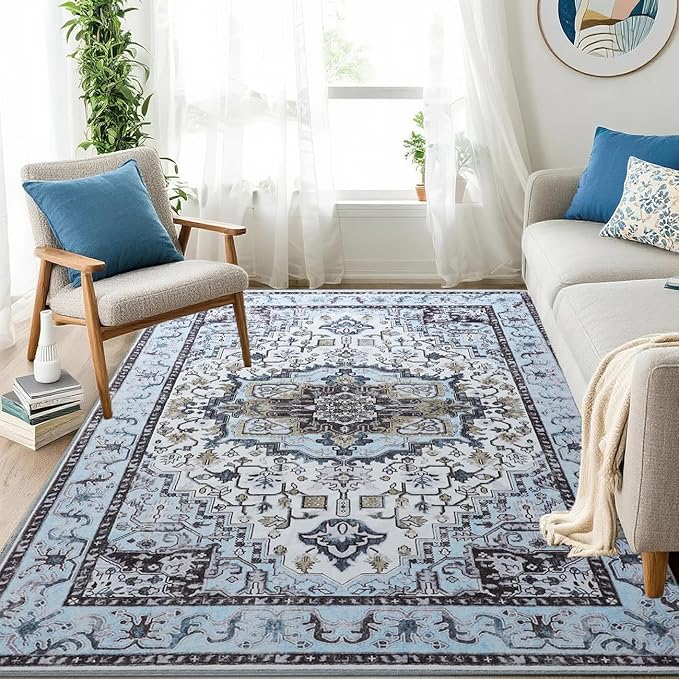 Washable Area Rug 3x5 , Low Pile Super Soft Carpet, Vitnage Distressed Rug for Bedroom, Living Room, Dining Room, Non-Slip, Low Pile, Blue