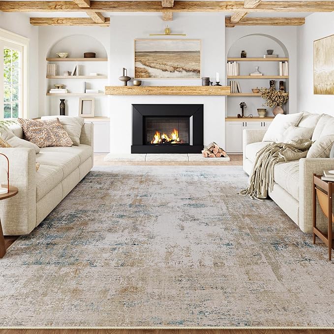 10x12 Area Rug Beige Blue Abstract Living Room Bedroom Washable Carpet Neutral Modern Non Slip Soft Low Pile Large Throw Rug for Dining Room Kitchen Office