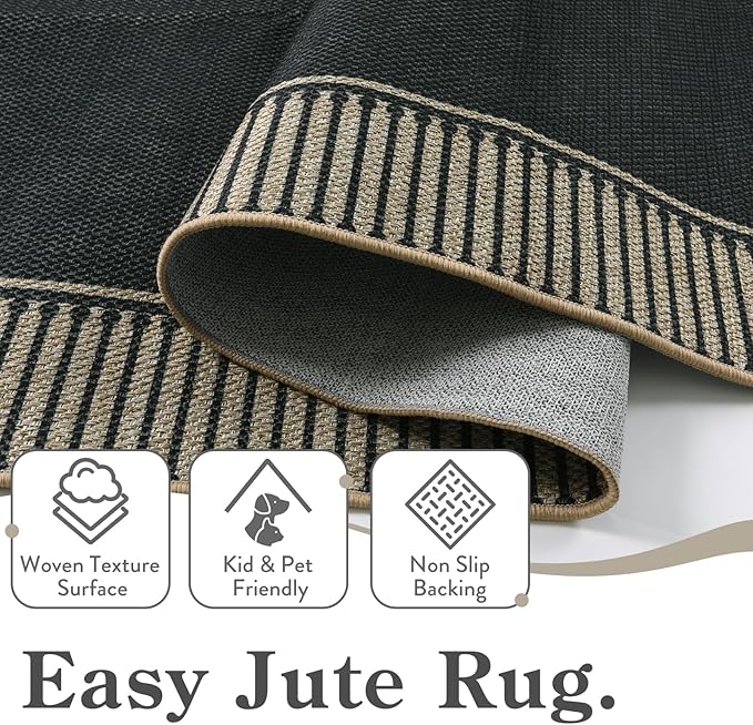Moynesa Striped Border Easy Jute Outdoor Rug 8x10, Washable Indoor Outdoor Patio Area Rugs for Living Room Non Slip, Modern Classic Farmhouse Carpet for Dining Room Table, Black