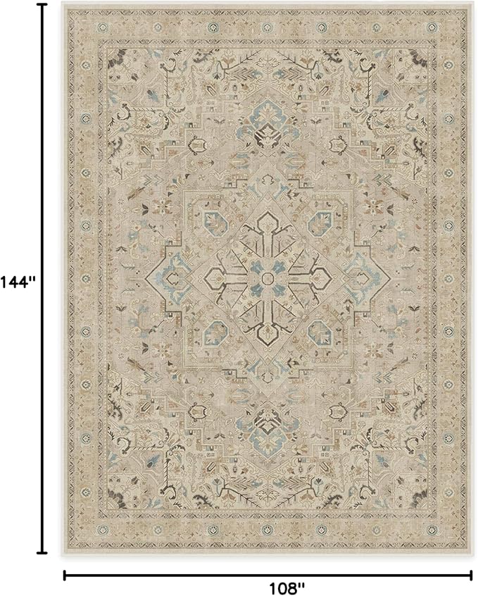 RUGGABLE Washable Vintage Area Rug – Kamran Ivory Opal 9x12, Stain-Resistant, Non-Slip – Large Machine Washable Rugs for Living Room, Bedroom, Hallway, Entryway & Office–with Standard Pad