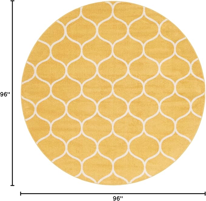 Rugs.com Lattice Frieze Collection Rug – 8' Round Yellow Medium Rug Perfect for Kitchens, Dining Rooms