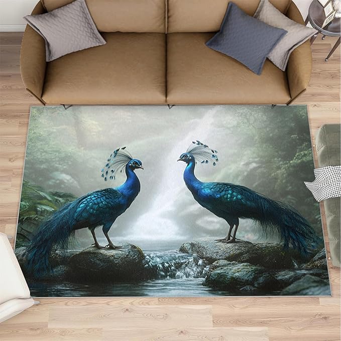 Peacock Rug 2x3-2x3 Rug, Peacock Couples Area Rugs for Bedroom, Nature Waterfall Rugs for Living Room, Animal Bird Washable Mat, Teal Turquoise Carpet - Peafowl Home Decor & Gifts