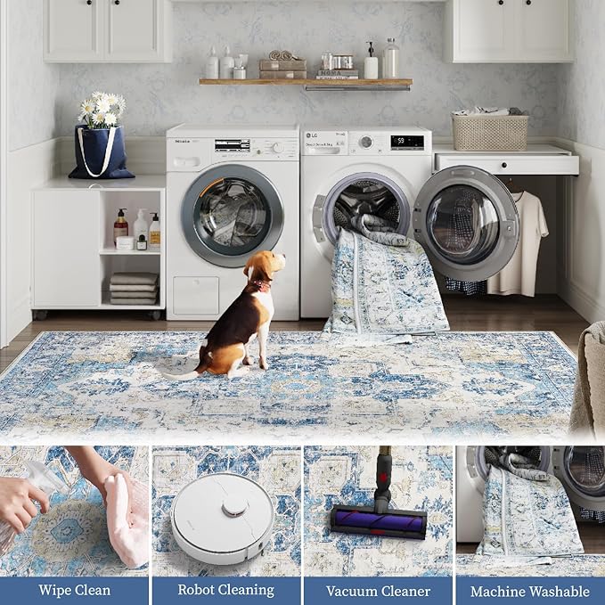 jinchan Kelda Area Rug 6x9 Washable Living Room Rug Vintage Soft Indoor Large Floor Cover Retro Distressed Mat Accent Lightweight Non-Slip Thin Carpet for Kitchen Bathroom Bedroom Blue