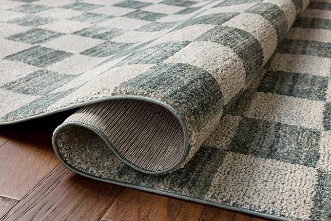 Loloi Chris Loves Julia Calvin Collection CLV-01 Blue/Ivory 7'-10" x 10' Area Rug Checkered Neutral Soft Living Room Bedroom Carpet