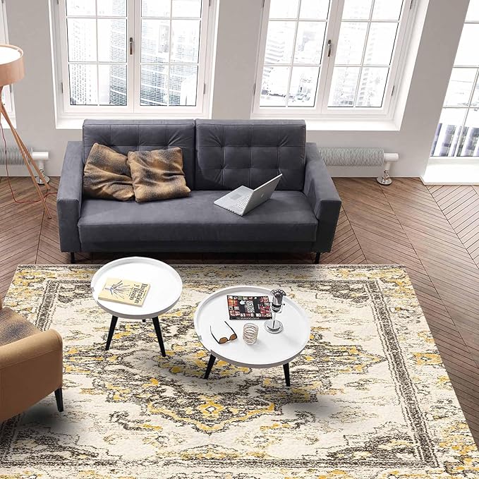 Bohemian Pattern Rectangular Area Rugs for Living Room Bedroom 5 x 6.9 ft Brown & Yellow Abstract Non-Shedding Soft Low Pile Rug Non Slip Washable Rug for Nursery Entryway Playroom