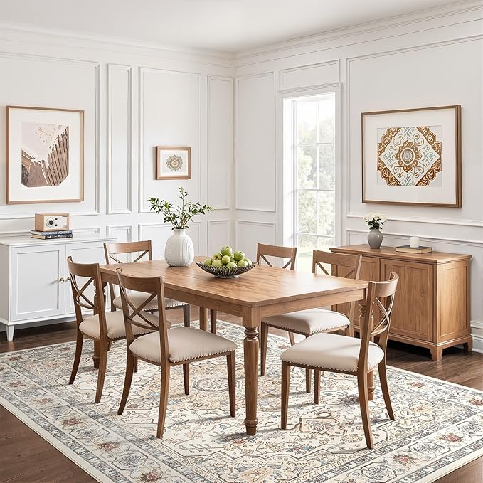 7x10 Area Rug Living Room: Washable Boho Large Neutral Vintage Soft Rugs Stain Resistant Farmhouse Non-Slip Indoor Floor Carpet for Bedroom Nursery Kids Playroom Office Dining Room- Cream Blue