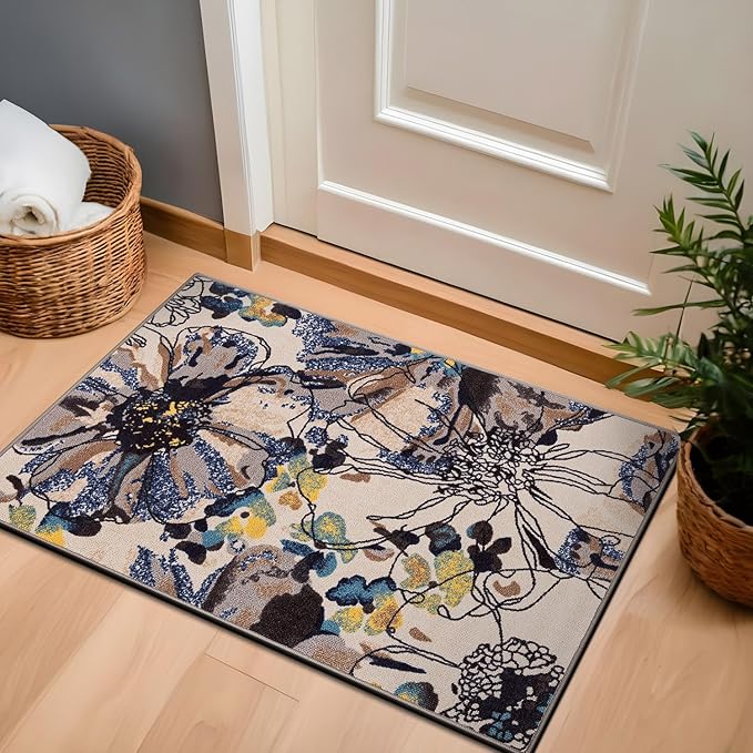 Rugshop Cream Bright Flowers Non Slip Non-Shedding Soft Accent Rug for Bathroom, Kitchen and Entryway, 20" x 30"