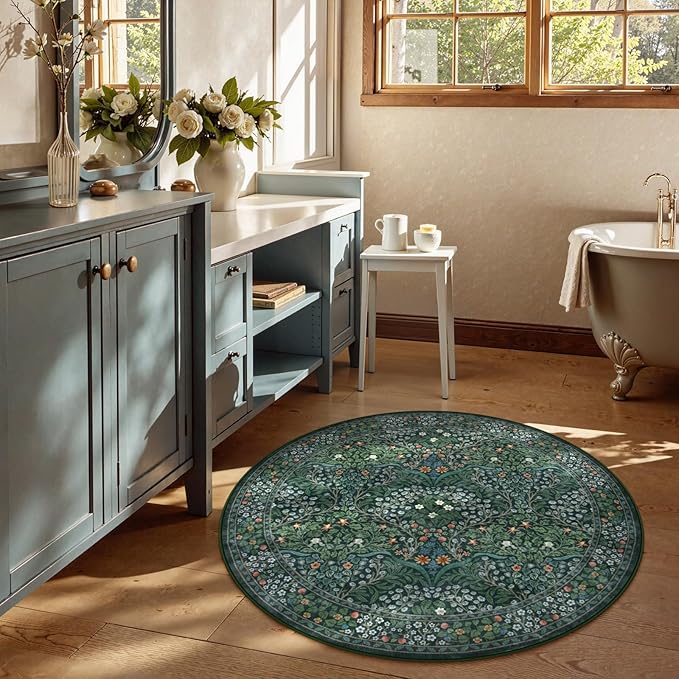 Lahome Floral Washable Round Rugs, Non-Slip Soft Round Rug 4ft Ultra-Thin, Small Stain Resistant Boho Circle Carpet for Entryway Kitchen Bedroom Nursery Bathroom, Dark Green