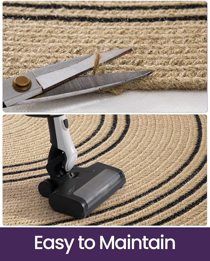 DEXI Round Jute Rug Natural Fiber 6x6, Braided Woven Area Rugs No Shed, Large Soft Neutral Rustic Carpet Mat for Indoor Outdoor Patio Dining Living Room Bedroom Farmhouse, 6ft, Beige/Black