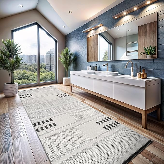 CAMILSON Modern Runner Rug 2x7 Luxury Geometric Pattern Micro Loop Hallway Rugs Soft High and Low Pile Stain Resistant Easy to Clean Non-Shedding Entryway Kitchen Indoor Area Carpet (White/Black)