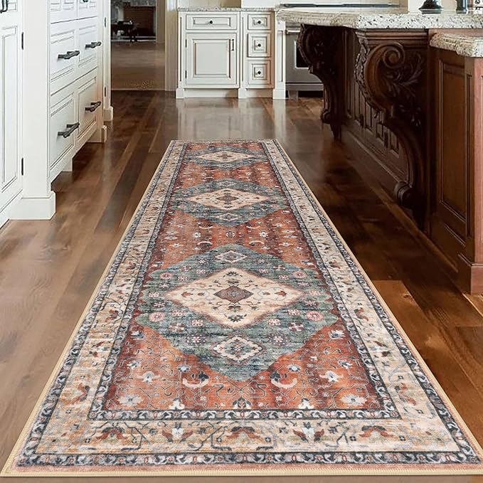 KOZYFLY Long Runners for Hallways 3x10 Ft Washable Kitchen Runner Rug Boho Runner Rug for Entryway Indoor Rust/Orange/Blue Printed Oriental Faux Wool Stair Floor Carpet Runner for Stair Kitchen Hall
