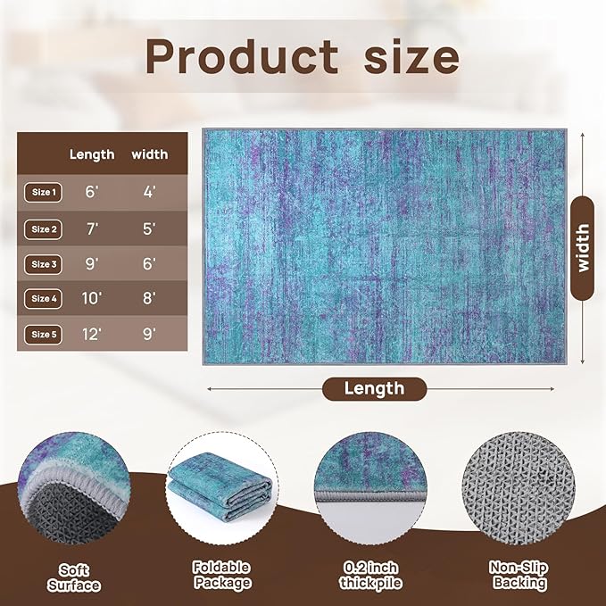 Abstract 4x6 Area Rug, Modern Indoor Entryway Rugs, Washable Soft Non-Slip Accent Carpet Door Mat for Dining Room Kitchen Bedroom - Teal+Purple