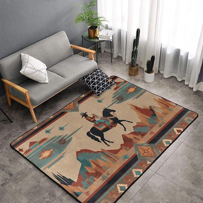 Horse Western Boho Ethnic Style Area Rug Washable Outdoor Rugs Anti-Slip Soft Carpet Entryway Indoor Door Mat for Bedroom,Living Room,Porch,Terrace and Entrance Decor 5'x 4'