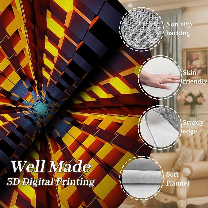 3D Abstract Grid Area Rug, 5x6ft, Visual Illusion Realistic Cave Indoor Carpets, Orange Three Dimensional Pattern Floor Mat, Easy Clean Breathable Washable Rugs for Indoor Family