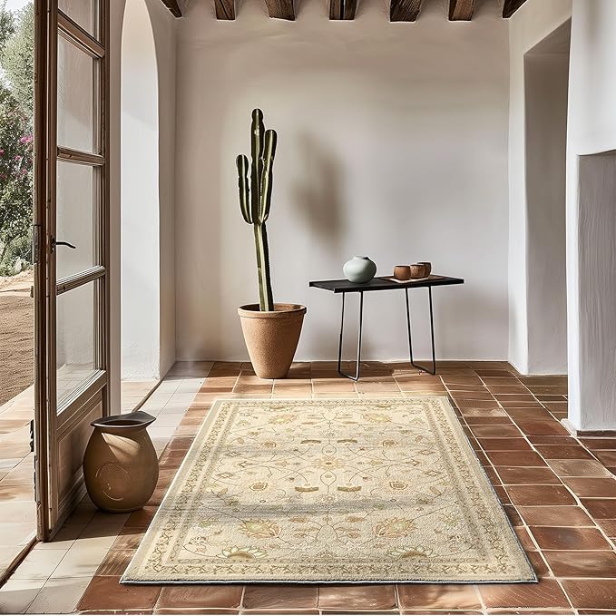 EVERGRACE Area Rugs for Living Room 3x5, Boho Floral Faux Wool Indoor Outdoor Rugs, Washable Rugs for Bedroom Entryway Dining Room Hallyway, Low Pile Floor Mat Carpet for Home Decor, Natural Beige