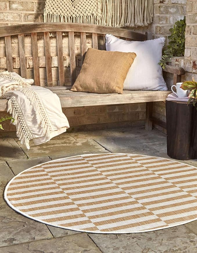 Unique Loom Outdoor Striped Collection Area Rug - Striped (7' 10" Round Taupe/Ivory)
