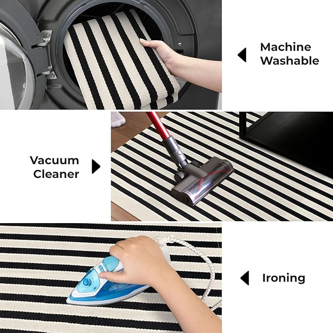 KOZYFLY Black and Beige Striped Porch Rug 27.5x43 Inches Area Rug Washable Outdoor Doormat Front Door Mat Cotton Striped Indoor Outdoor Rug for Front Door Kitchen Entryway Patio Porch