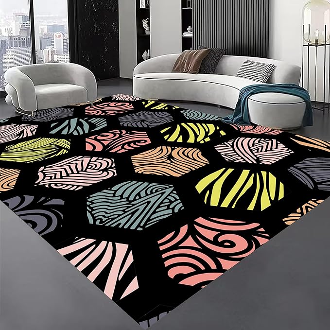Large Living Room Area Rug 6x9ft,Modern Geometric Rugs, Multicolor Low Pile Farmhouse Carpet, Machine Washable & Non-Slip Non-Shedding for Classroom, Bedroom & Dorm