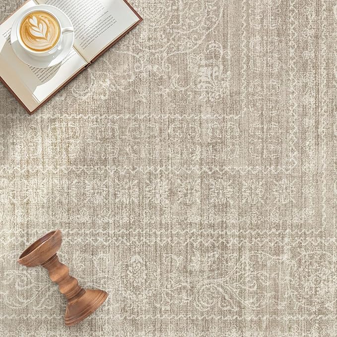 8x10 Area Rugs Living Room: Washable Large Vintage Rug Neutral Non-Slip Soft Stain Resistant Indoor Carpet for Bedroom Nursery Dining Room Under Table Bed Home House Office Playroom - Brown