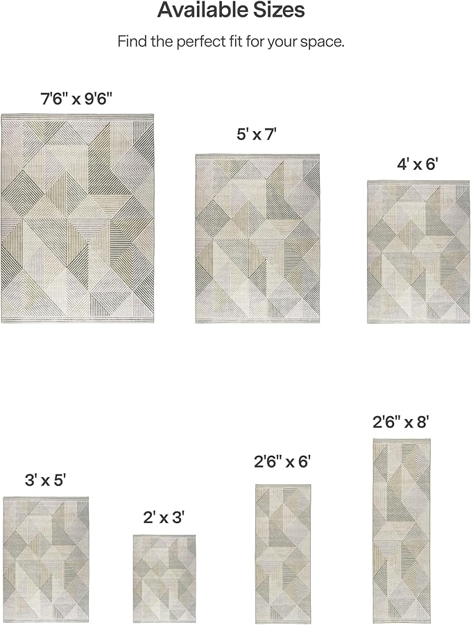 ReaLife Rugs Machine Washable Area Rug Runner - Living Room Bedroom Bathroom Kitchen Entryway Office - Padded Low Pile Stain Resistant Premium - Modern Geometric Contemporary - Miles - Beige 2'6"x8'
