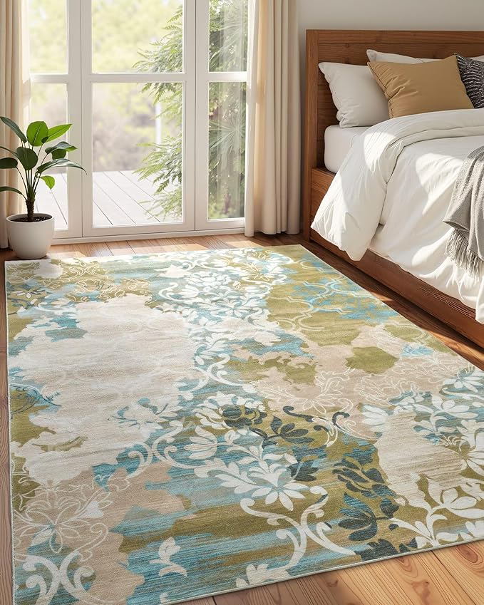 Washable Abstract Rug, 6x9 Willow Green and Blue Floral Area Rugs with Non-Slip Rubber Backed for Living Room, Low Pile Modern Throw Carpet Bedroom Dining Room Decor