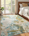 Washable Abstract Rug, 4x6 Willow Green and Blue Floral Area Rugs with Non-Slip Rubber Backed for Bedroom, Low Pile Modern Throw Carpet Kitchen Living Room Decor