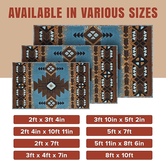 YHSF South West Native American Area Rug C318 - Easy Clean, Thick, Soft, Durable Native Tribal American Indian Inspired Rug for Bedroom/Living Room and More - Blue-Brown, 2 ft 4 in x 10 ft 11 in
