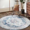 jinchan Kelda Round Rug 6ft Washable Area Rug Indoor Vintage Bedroom Floor Cover Distressed Circle Mat 6' Round Lightweight Non Slip Low Pile Thin Farmhouse Carpet for Living Room Navy Blue