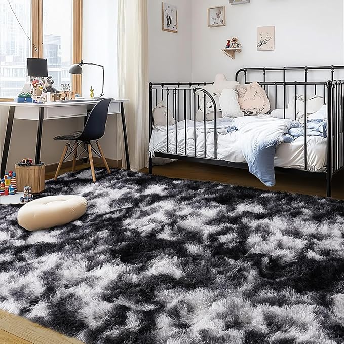 Plush Rug for Living Room Shaggy Area Rug High Pile Fuzzy Rug Non-Slip Indoor Floor Carpet Plush Area Rugs for Living Room Tie Dye Black White 5x7