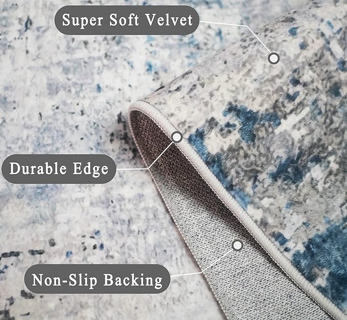 vivorug Washable Rug, Ultra Soft Area Rug 3x5, Non Slip Abstract Small Rug, Stain Resistant Rugs for Living Room Bedroom, Modern Fluffy (Gray/Navy, 3'x5')