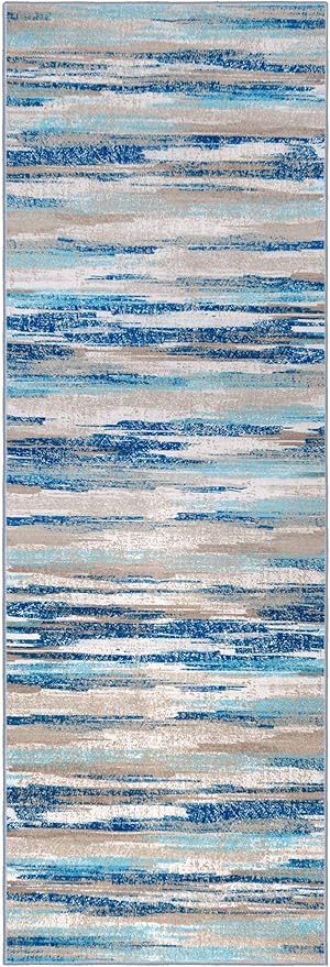 Modern Abstract Runner Rug 2.6x14, Blue Washable Long Kitchen Runner Non-Slip Soft Hallway Rug Runner Thin Print Faux Wool Carpet for Entryway Bedroom Laundry Room Indoor Home Decor