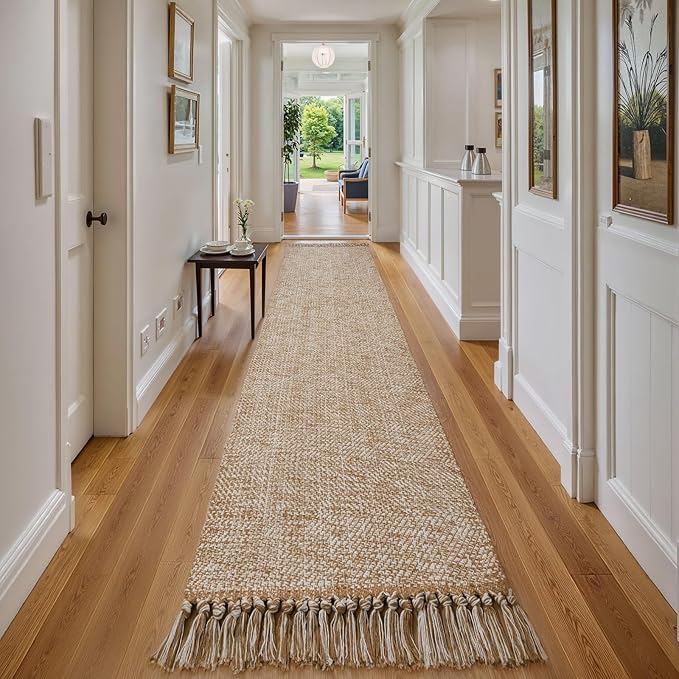 Collive Boho Runner Rug for Hallway, Washable 2.6x16 ft Long Hallway Runners Rug Farmhouse Neutral Kitchen Rug, Woven Cotton Tan/Cream Low Pile Floor Carpet for Entryway Bedroom