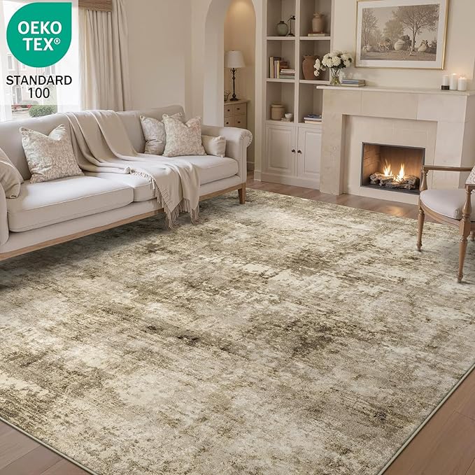 8x10 Machine Washable Area Rug for Living Room, Brown Modern Vintage Abstract Rug Large Non-Slip Low Pile Soft Faux Wool Carpet, Kids and Pets Friendly for Bedroom Dining Room Farmhouse Home Decor Rug