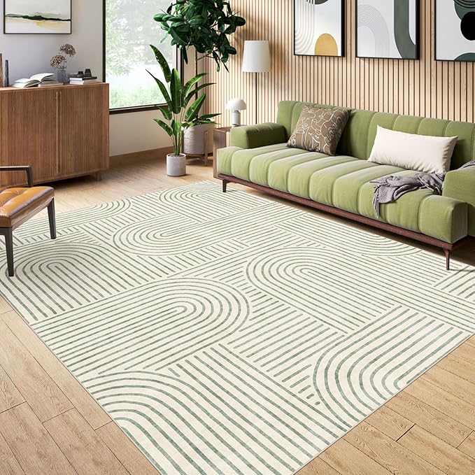 Washable 4x6 Area Rug - Boho Living Room Rug Soft Modern Rugs for Bedroom Ultra-Thin Sage Green Abstract Rainbow Dining Room Rugs Indoor Carpet for Living Room Nursery Room