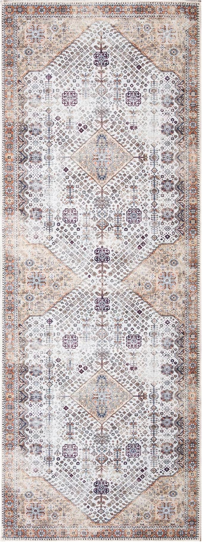Bloom Rugs Washable Non-Slip 12 ft Runner - Sand/Orange/Purple Traditional Medallion Runner for Entryway, Hallway, Bathroom, and Kitchen - Exact Size: 2.5' x 12'