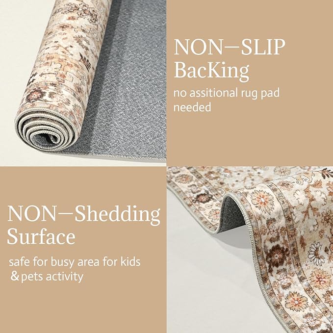 6x9 Washable Rug Vintage Fade Resistant Boho Distressed Non-Slip Indoor Large Carpet Low Pile Lightweight & High-Traffic Safe for Bedroom, Dorm, Playroom - Farmhouse Decor