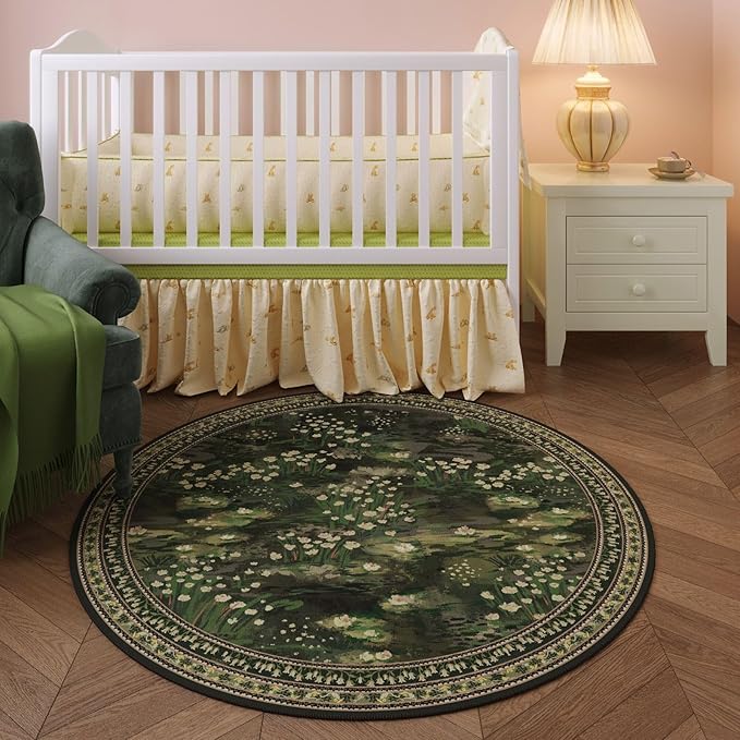 Rugcomf Circle Rug Impressionist-Style Vintage Round Rug 4ft Non Slip Low Pile Small Circular Rug for Bedroom Bathroom Entryway Kids Room Office College Dorm, Green