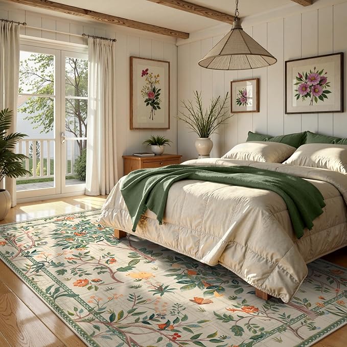 Morebes Washable 5x7 Sage Green Area Rug for Bedroom, Boho Floral Kids Room Rug Non Slip, Soft Flower Low-Pile Indoor Floor Throw Carpet for Dining Room Bedroom Home Office Playroom