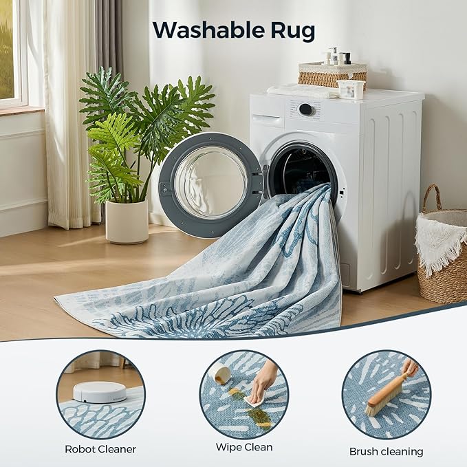 WITSHOCK 9x12 Washable Rug for Living Room,Modern Floral Distress Print Pattern Area Rugs,Stain Resistant with Non Slip Backing Carpet for Dining Room,Bedroom & Home Decor,Blue/Light Blue