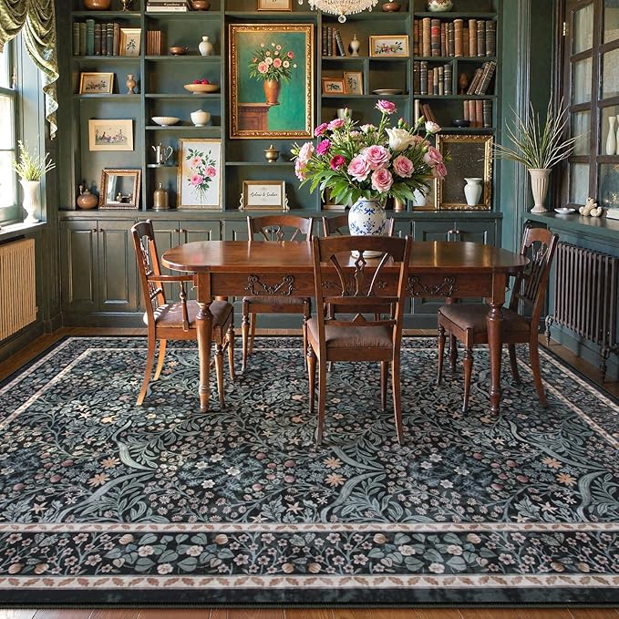 Lahome Floral Washable Rugs 8x10, Soft 8x10 Area Rugs for Living Room Bedroom, Boho Non-Slip Forest Stain Resistance Large Throw Carpet for Farmhouse Dining Room Office, Black