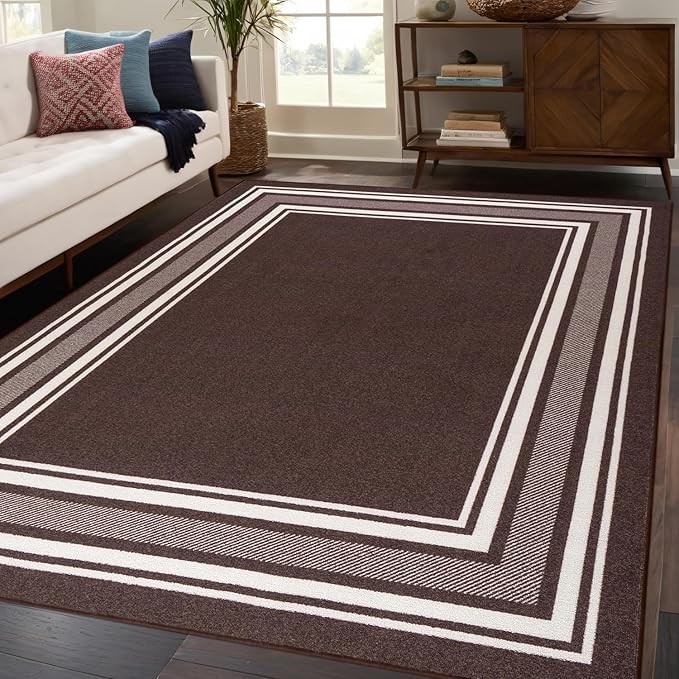 Beverly Rug Non Slip Area Rugs 5x7 Modern Bordered Non Skid Rubber Backing Soft Area Rug for Living Dining Room Easy to Clean Non Shedding Kitchen Bedroom Indoor Carpet 5 x 7 Brown
