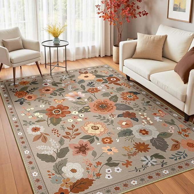 Floral 3x5 Area Rug Machine Washable Soft Print Boho Carpet Non Slip Doormat Low Pile Flower Area Rugs for Living Room Bedroom Nursery Kitchen Dining Room Indoor-Brown/Brick