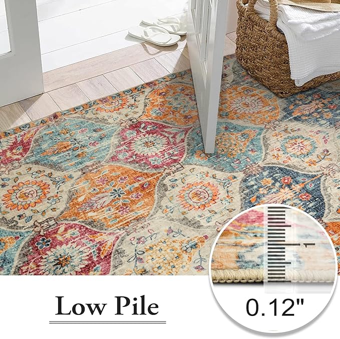 Lahome Moroccan 5x8 Area Rug, Ultra-Thin Washable Rugs for Living Room Bedroom, Soft Large Oriental Non-Slip Non Shedding Throw Large Carpet for Dining Room Office, Cream/Multi