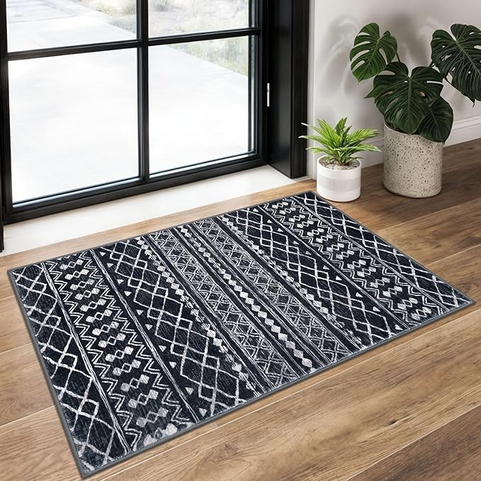 KUTA Moroccan Boho Entryway Rug, 2x3 Black Entrance Small Area Rug Non-Slip Washable, Ultra Soft Vintage Geometric Low-Pile Indoor Door Mat Floor Carpet for Kitchen