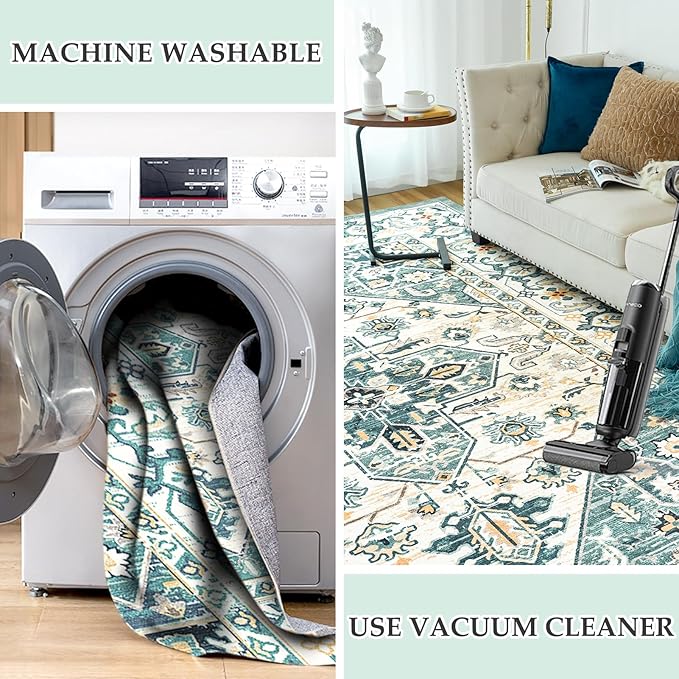 VK VK·LIVING Machine Washable Rug 2'x6' Vintage Design Washable Runner Area Rugs with Non Slip Rugs for Living Room Bedroom Traditional Woven Carpet Stain Resistant Dining Boho Rug, Green&Beige