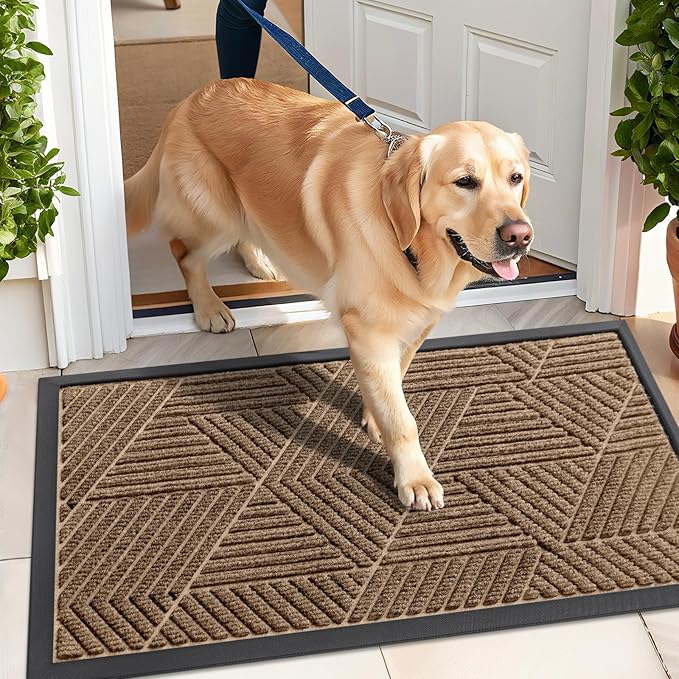 Kitinjoy Front Door Mat Outside Entrance, Sturdy Natural Dirt Trapper, Heavy Duty Rubber Doormat, Low Profile Non-Slip Backing, Easy Clean Mat for Indoor Outdoor, 47X32 Inch, Coffee