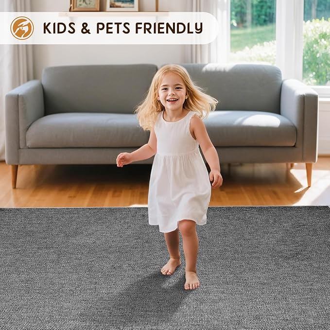 LBRO2M Easy Jute Solid Area Rug 8X10 Washable Rugs for Living Room Bedroom Natural Jute Indoor Outdoor Carpet Durable, Solid Non Shedding Eco Friendly (8X10 Black Gray)
