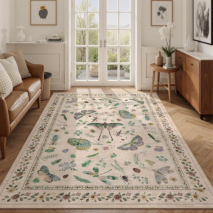 5x8 Non-Slip Insect Print Rug - Indoor Low Pile Machine Washable Bug Rug for Entryway, Front Door, Nursery, Bedroom, Kitchen, Laundry (5'x8' Beige Green)