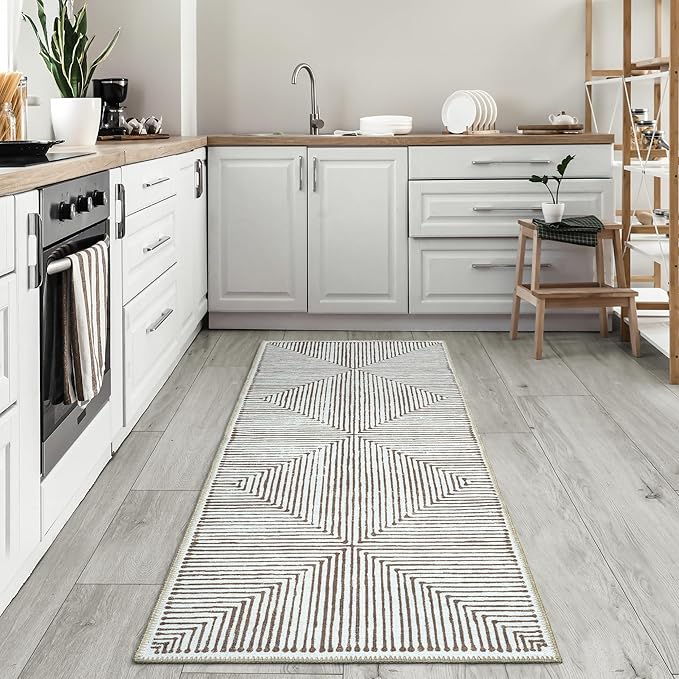 Bloom Rugs Washable Non-Slip 12 ft Runner - Brown Striped Runner for Entryway, Hallway, Bathroom, and Kitchen - Exact Size: 2.5' x 12'