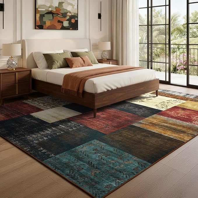 DweIke Washable Area Rugs for Living Room, 4x6 Soft Bedroom Rugs, Geometric Print Non-Slip Modern Rug, Stain Resistant Throw Carpets for Office Nursery Dining Room Home Dorm Decor, Colorful